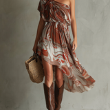 Dawn - Boho One Shoulder Irregular Marble Abstract Print Chiffon Midi Dress — view 4