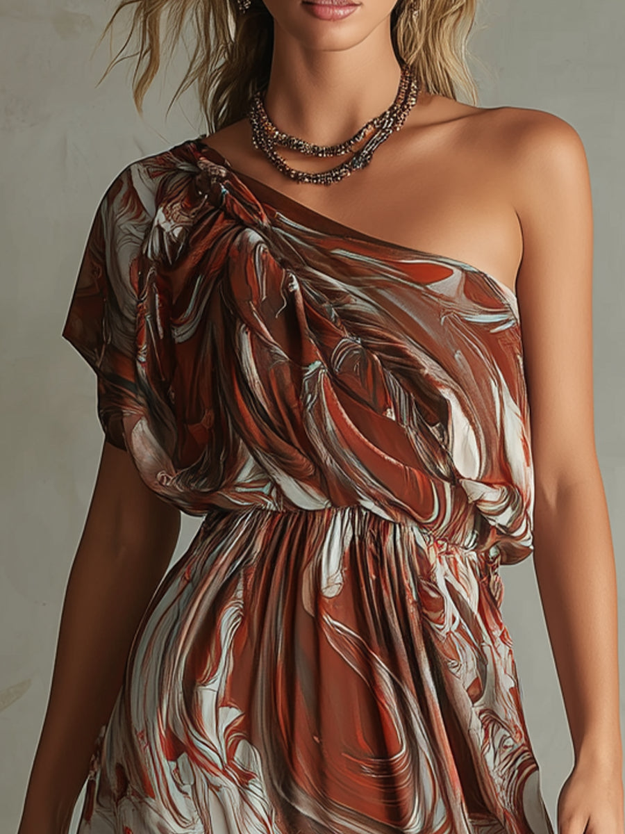 Dawn - Boho One Shoulder Irregular Marble Abstract Print Chiffon Midi Dress — view 5