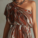 Dawn - Boho One Shoulder Irregular Marble Abstract Print Chiffon Midi Dress — view 5