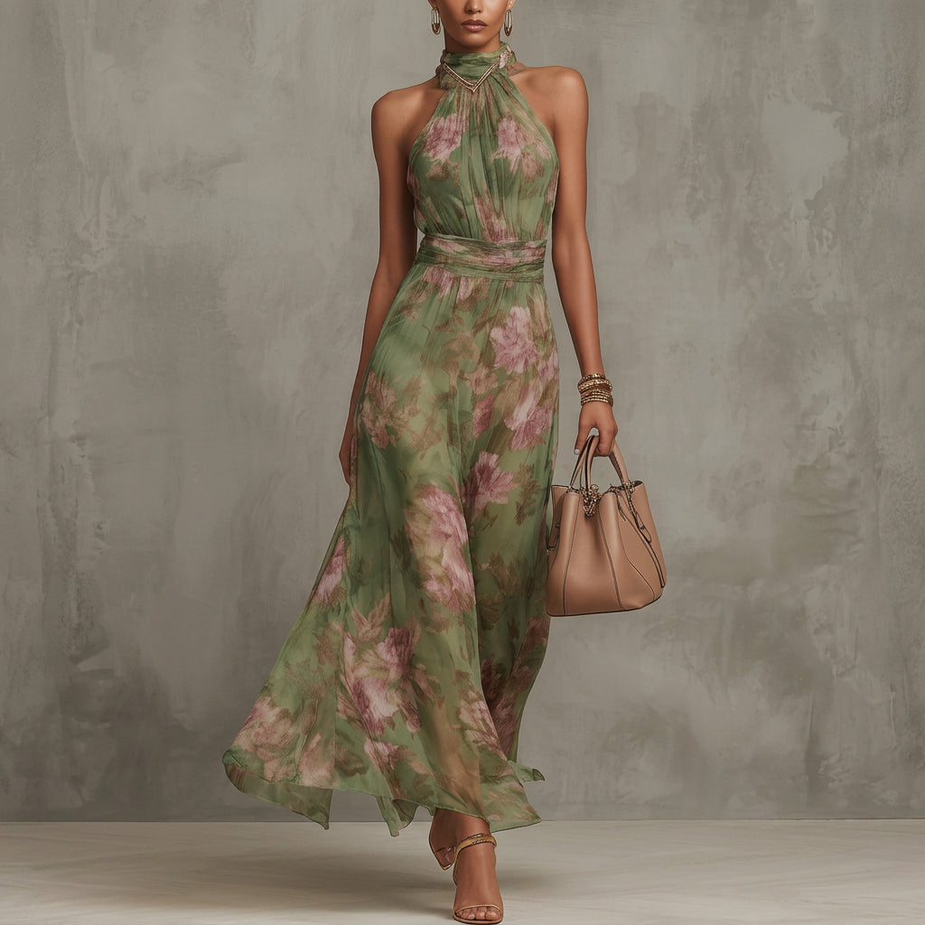 Diana - Long Floral Neck Strap Dress — view 2
