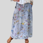 Elegant canvas skirt with pockets, retro blue pattern — view 1