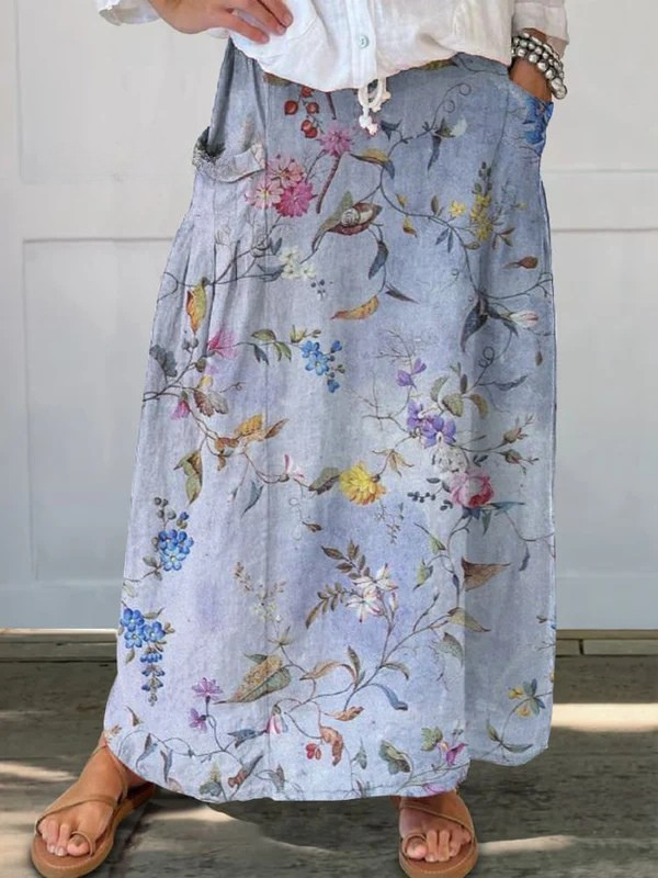 Elegant canvas skirt with pockets, retro blue pattern — view 2