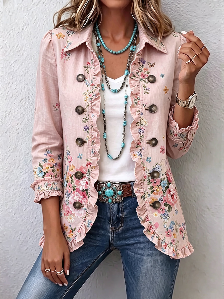 Ella - Floral Ruffled Button Front Jacket — view 1