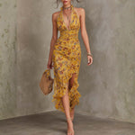 Emery - Ginger yellow floral neck strap fitted waist chiffon midi dress — view 1