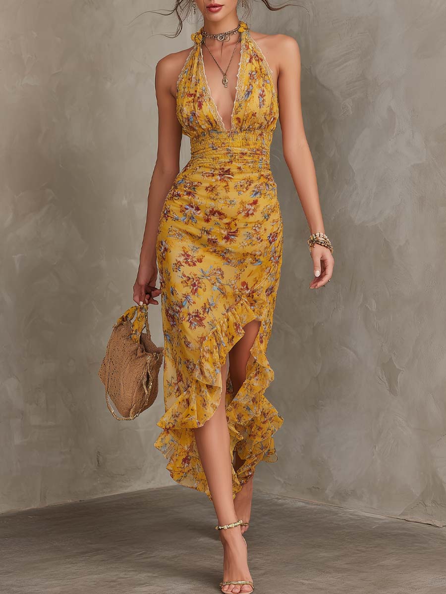 Emery - Ginger yellow floral neck strap fitted waist chiffon midi dress — view 2