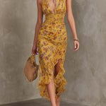 Emery - Ginger yellow floral neck strap fitted waist chiffon midi dress — view 2