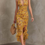 Emery - Ginger yellow floral neck strap fitted waist chiffon midi dress — view 2