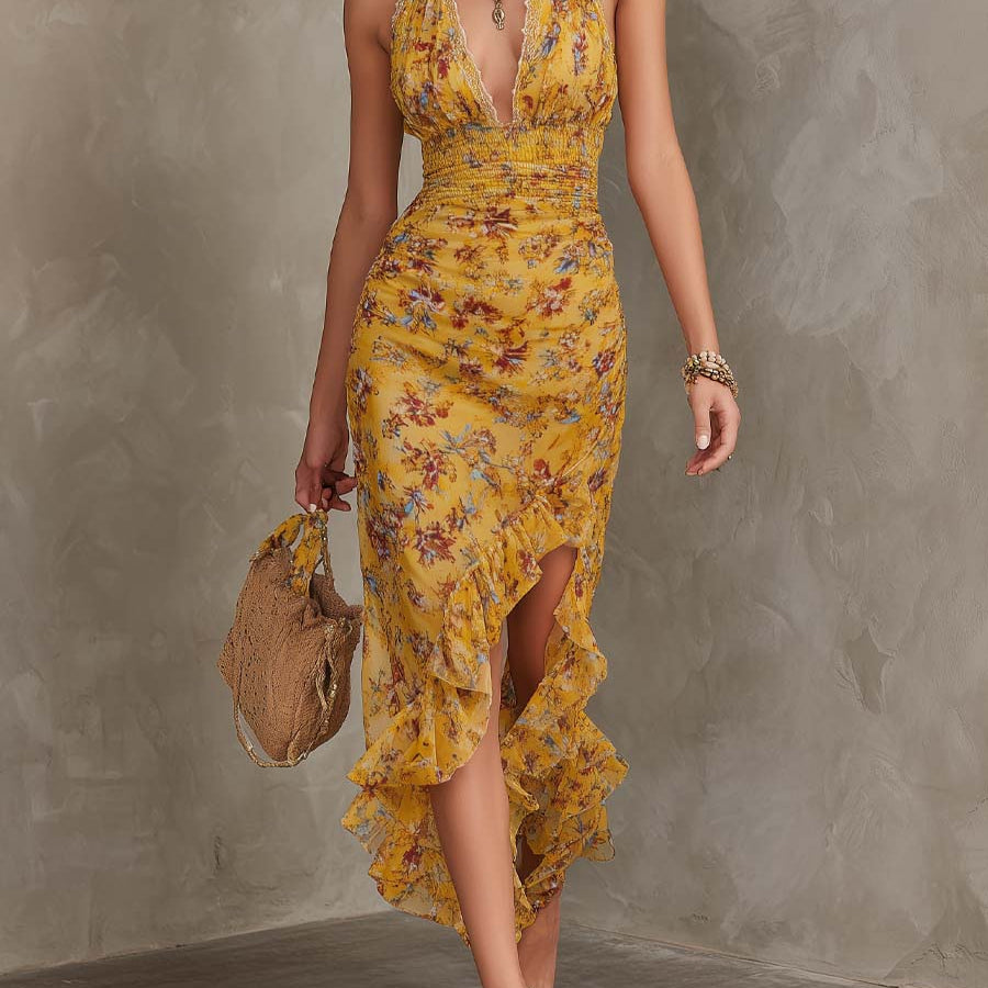 Emery - Ginger yellow floral neck strap fitted waist chiffon midi dress — view 2