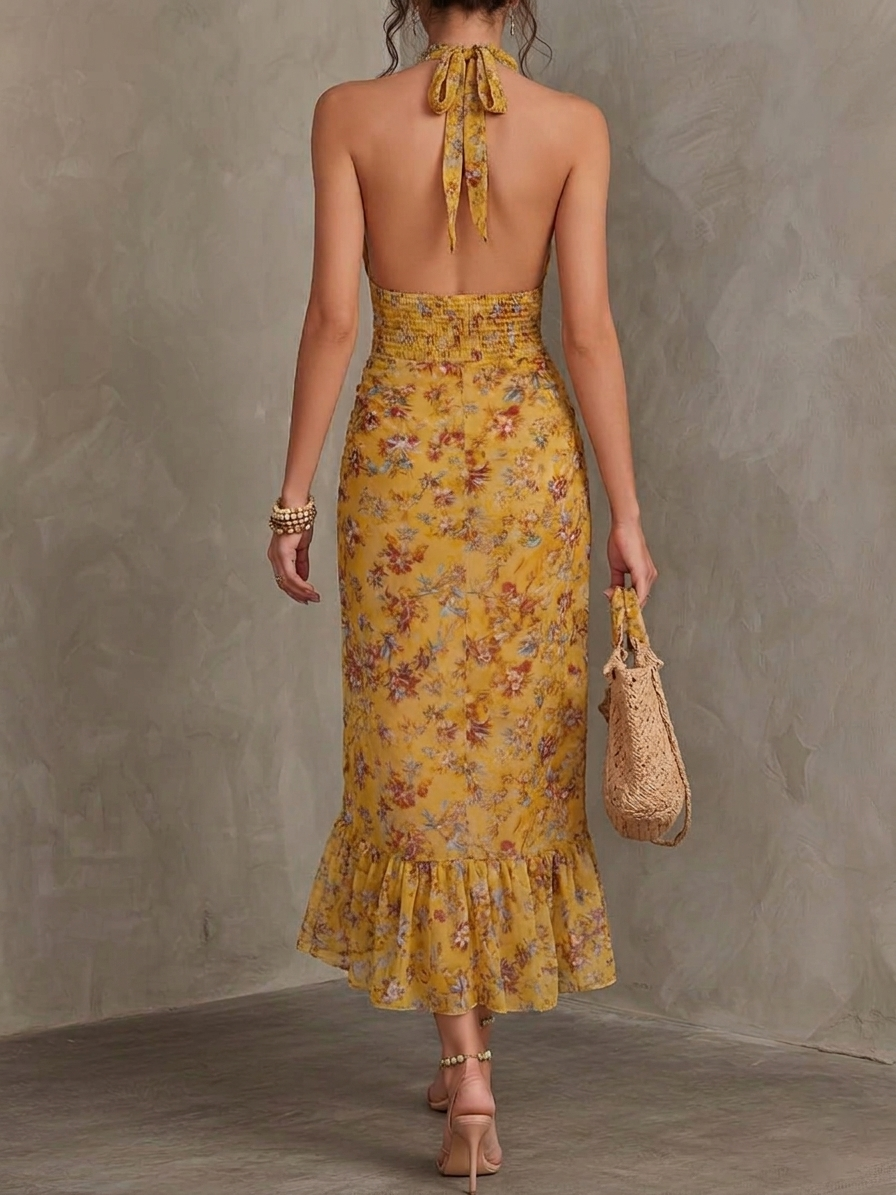 Emery - Ginger yellow floral neck strap fitted waist chiffon midi dress — view 3