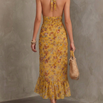 Emery - Ginger yellow floral neck strap fitted waist chiffon midi dress — view 3