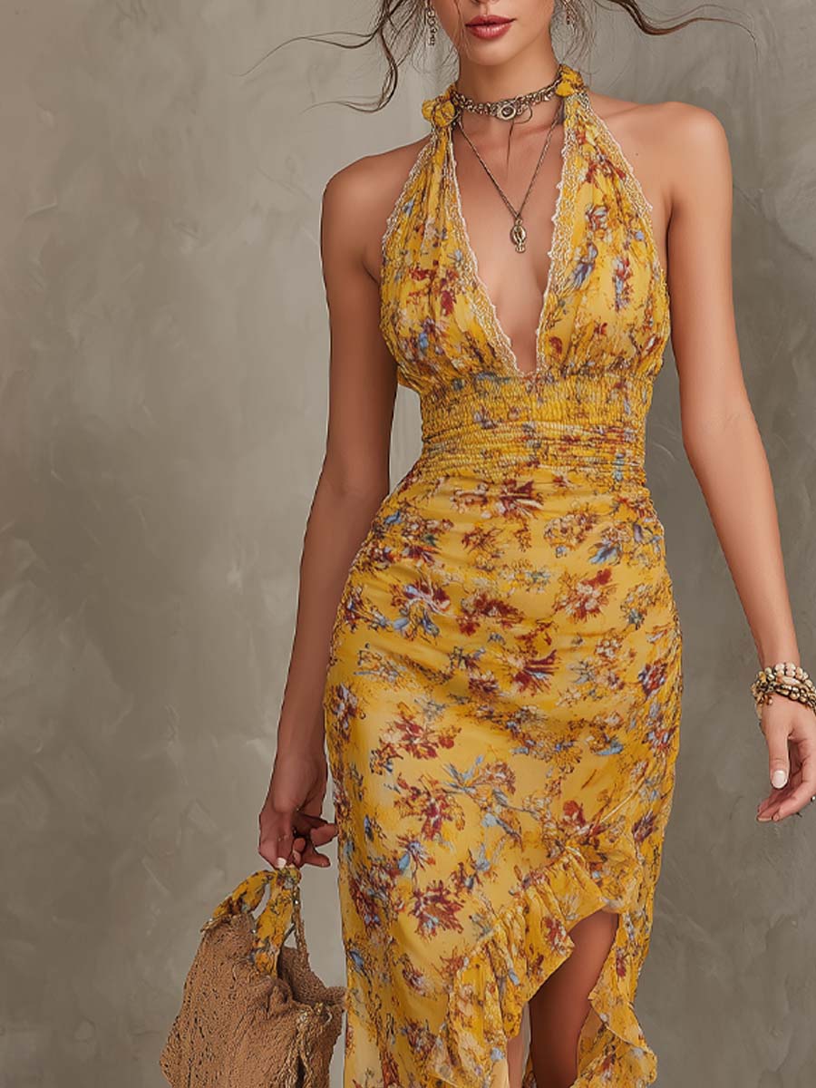 Emery - Ginger yellow floral neck strap fitted waist chiffon midi dress — view 4