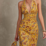 Emery - Ginger yellow floral neck strap fitted waist chiffon midi dress — view 4