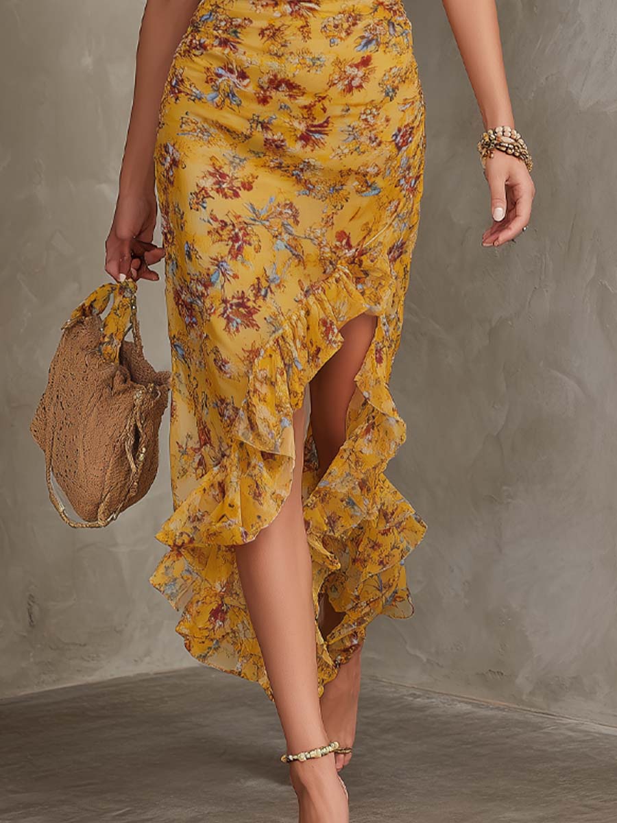 Emery - Ginger yellow floral neck strap fitted waist chiffon midi dress — view 5