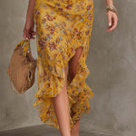 Emery - Ginger yellow floral neck strap fitted waist chiffon midi dress — view 5