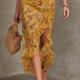 Emery - Ginger yellow floral neck strap fitted waist chiffon midi dress — view 5