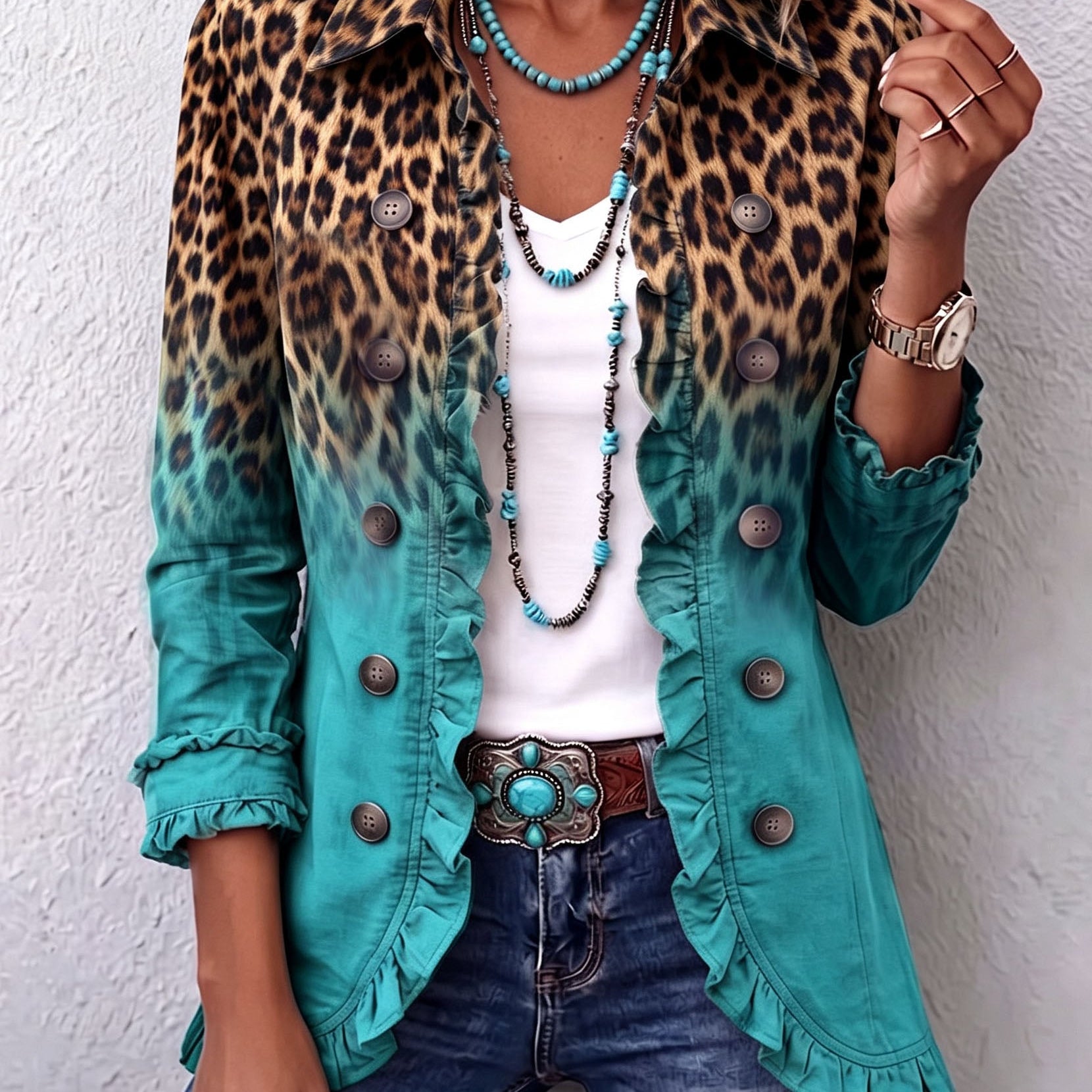 Emma - Leopard Gradient Ruched Blazer Jacket — view 1