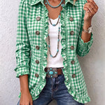 Evelyn - Petite Plaid Ruffled Button Down Jacket — view 1