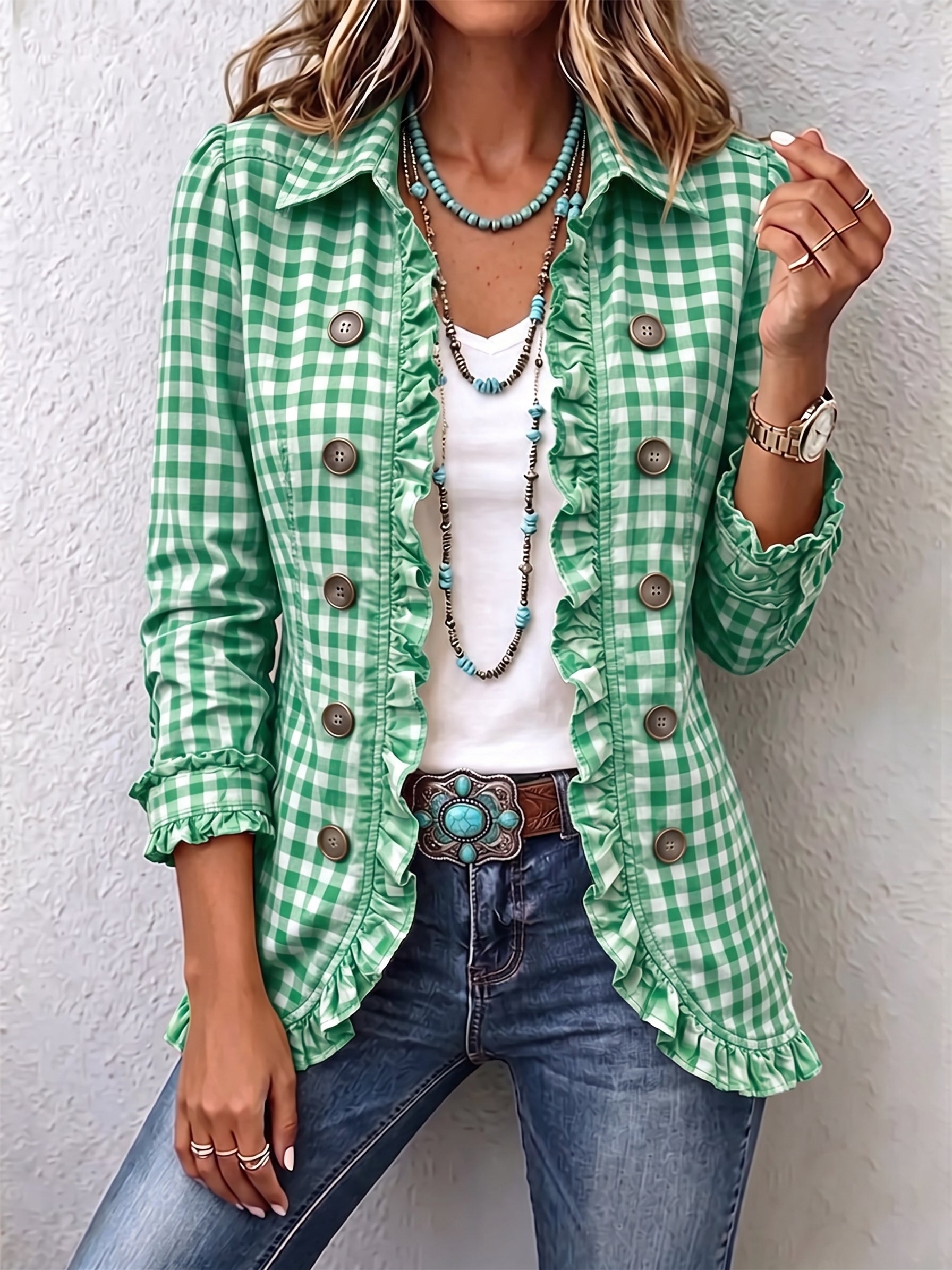 Evelyn - Petite Plaid Ruffled Button Down Jacket — view 1