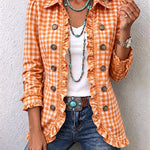 Evelyn - Petite Plaid Ruffled Button Down Jacket — view 2