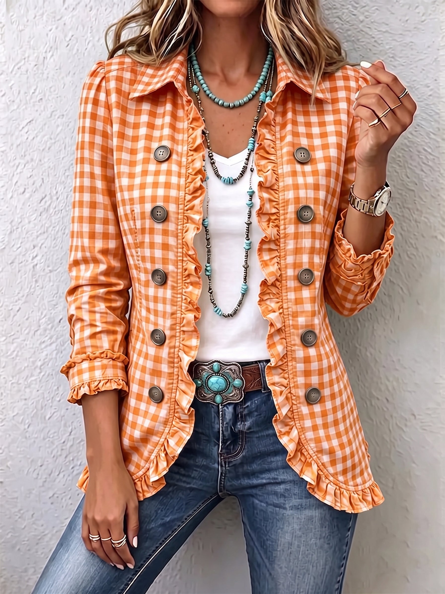 Evelyn - Petite Plaid Ruffled Button Down Jacket — view 2