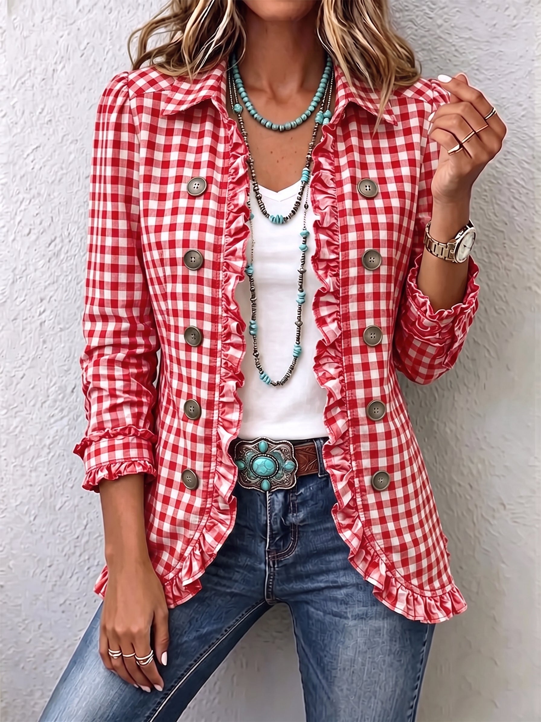 Evelyn - Petite Plaid Ruffled Button Down Jacket — view 3