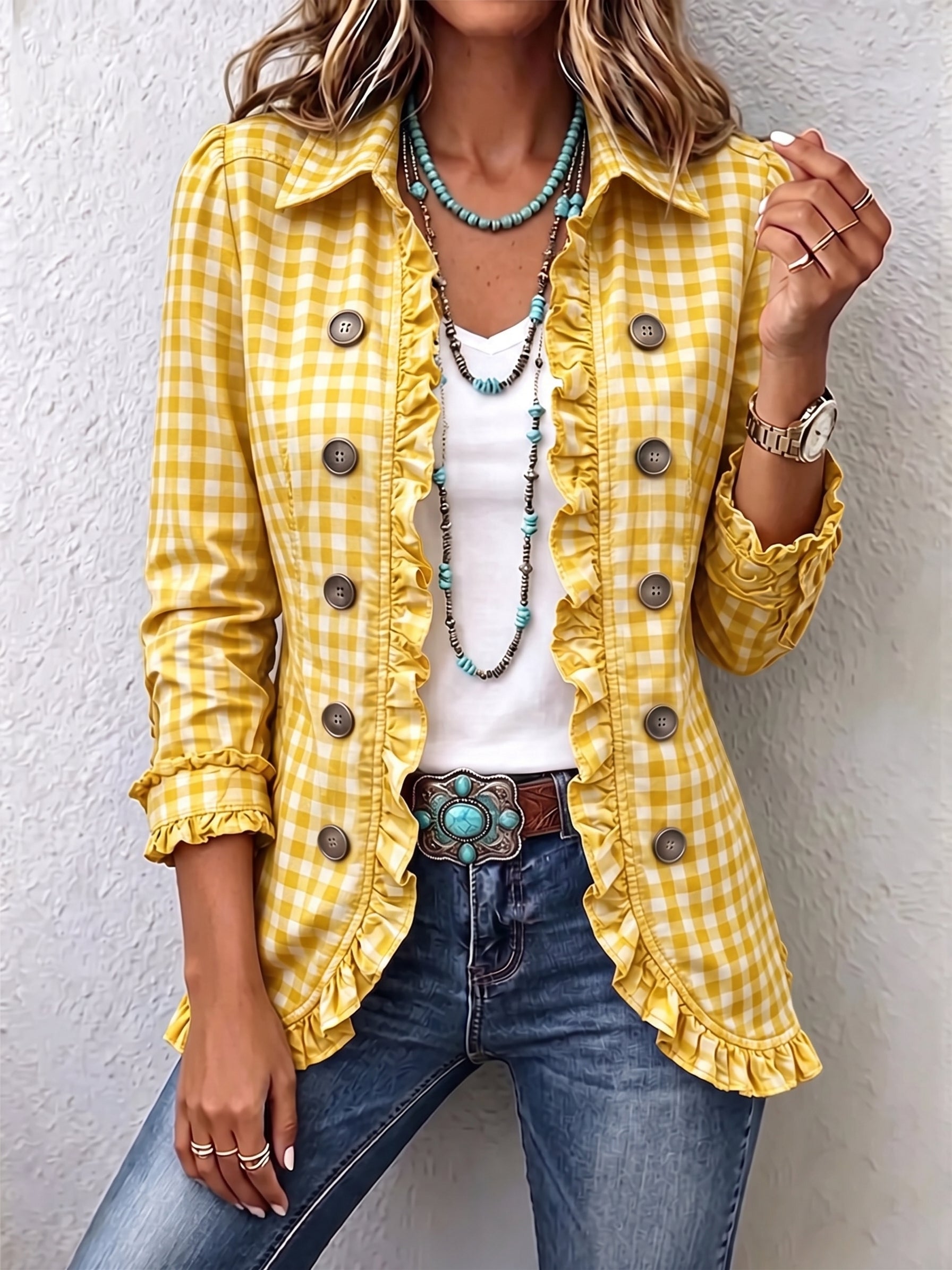 Evelyn - Petite Plaid Ruffled Button Down Jacket — view 5