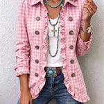 Evelyn - Petite Plaid Ruffled Button Down Jacket — view 6
