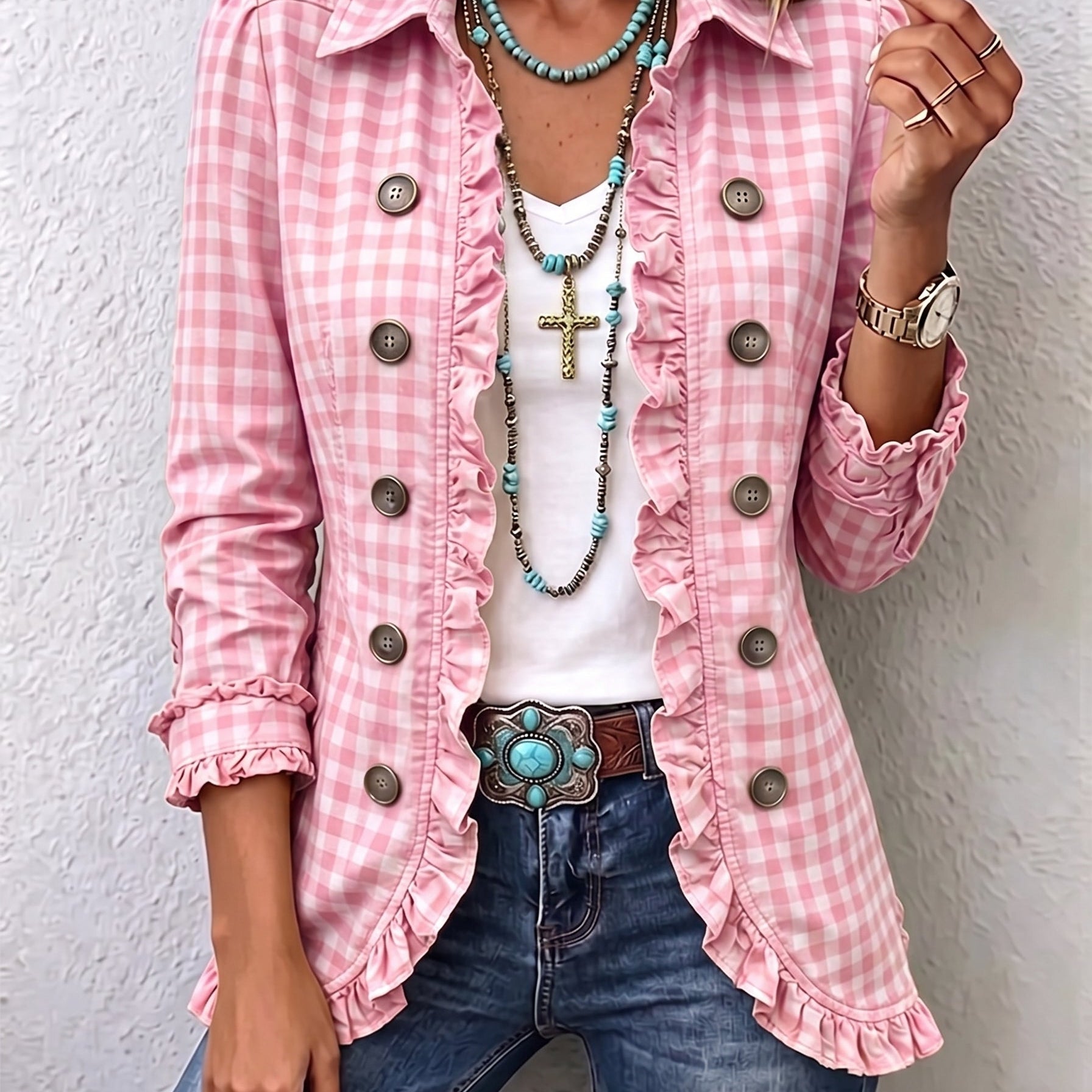 Evelyn - Petite Plaid Ruffled Button Down Jacket — view 6