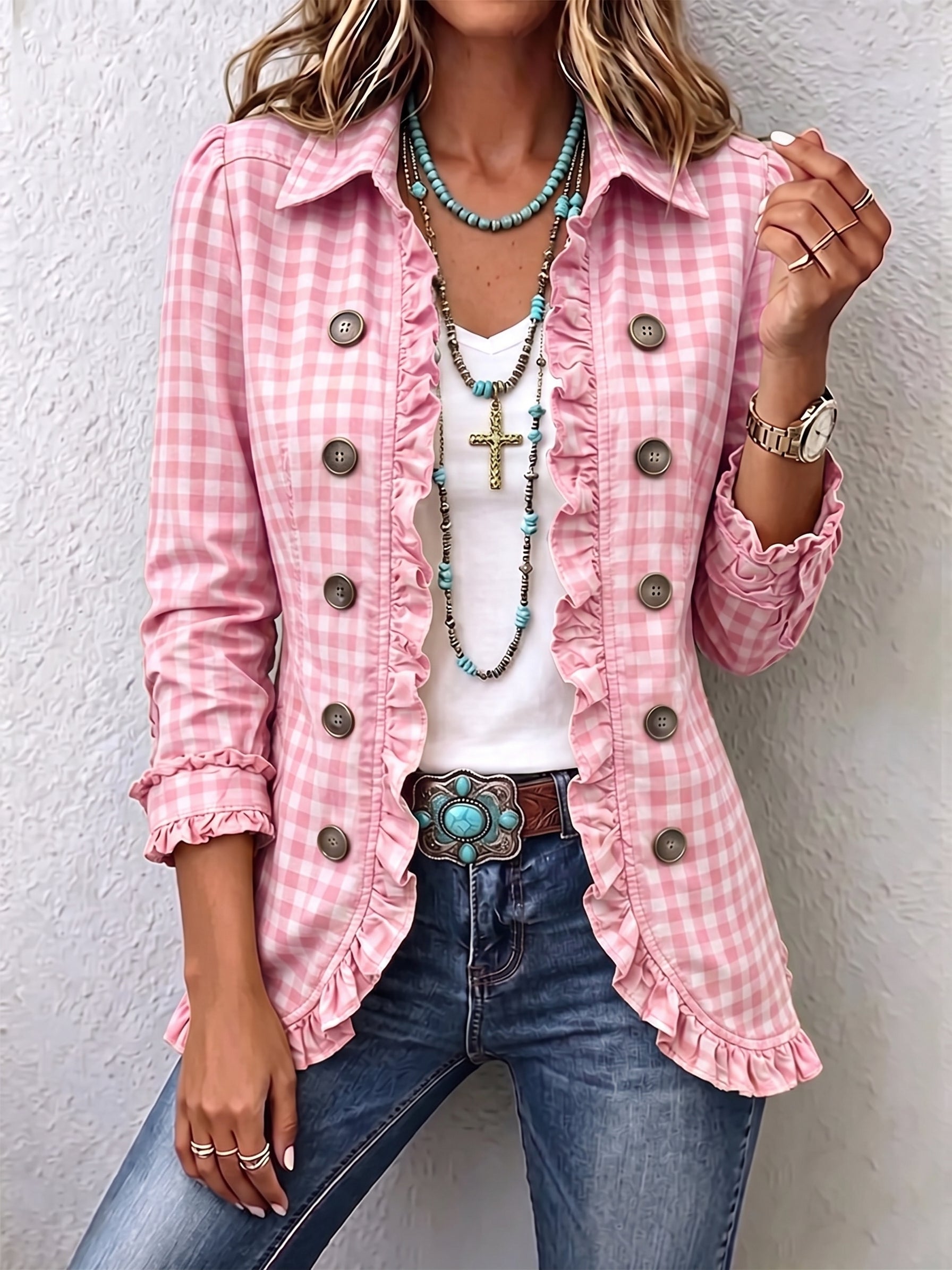 Evelyn - Petite Plaid Ruffled Button Down Jacket — view 6