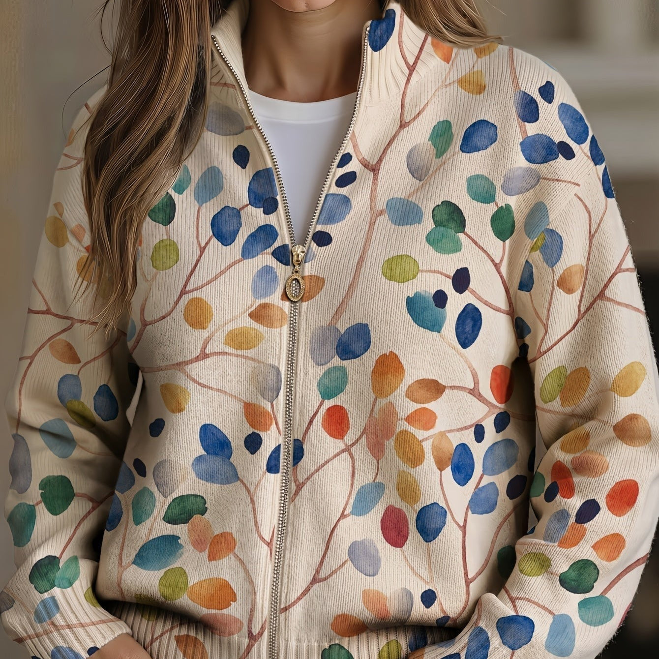 Fiona - Botanical leaf print zip-up cardigan — view 1