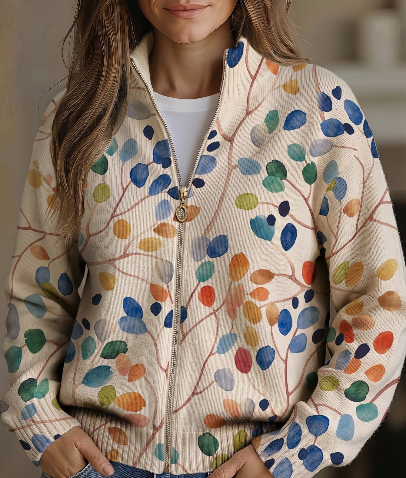Fiona - Botanical leaf print zip-up cardigan — view 1