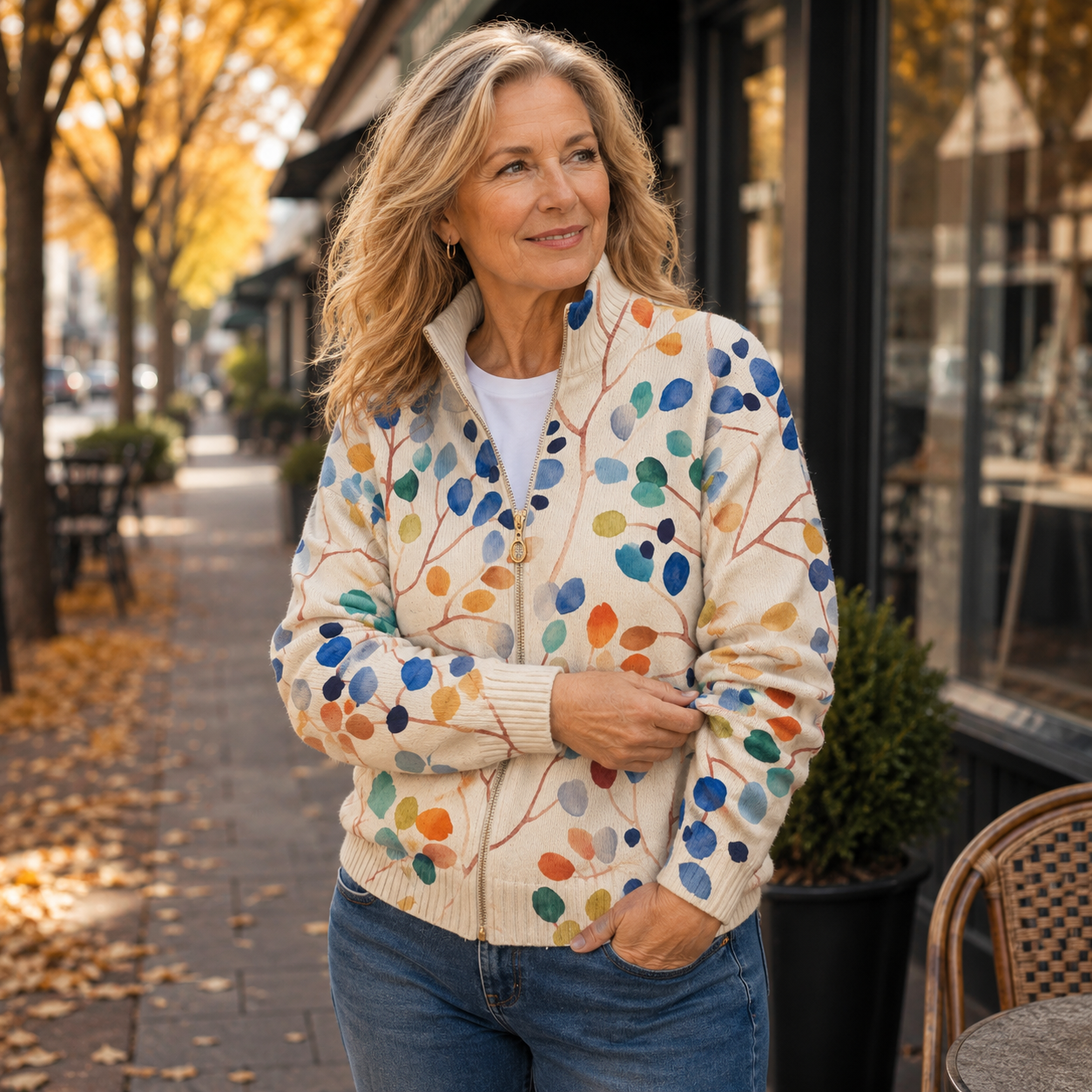 Fiona - Botanical leaf print zip-up cardigan — view 2