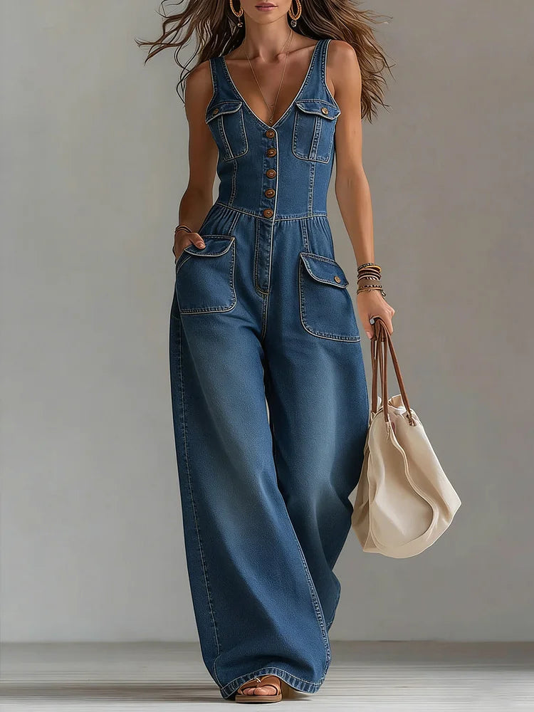 Freya - casual denim wide overalls — view 2
