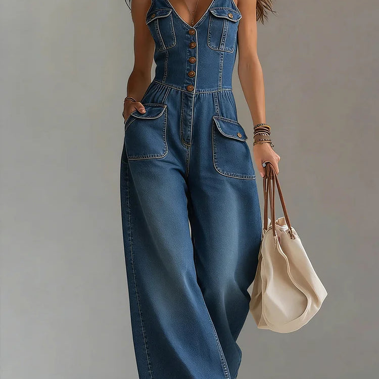 Freya - casual denim wide overalls — view 2