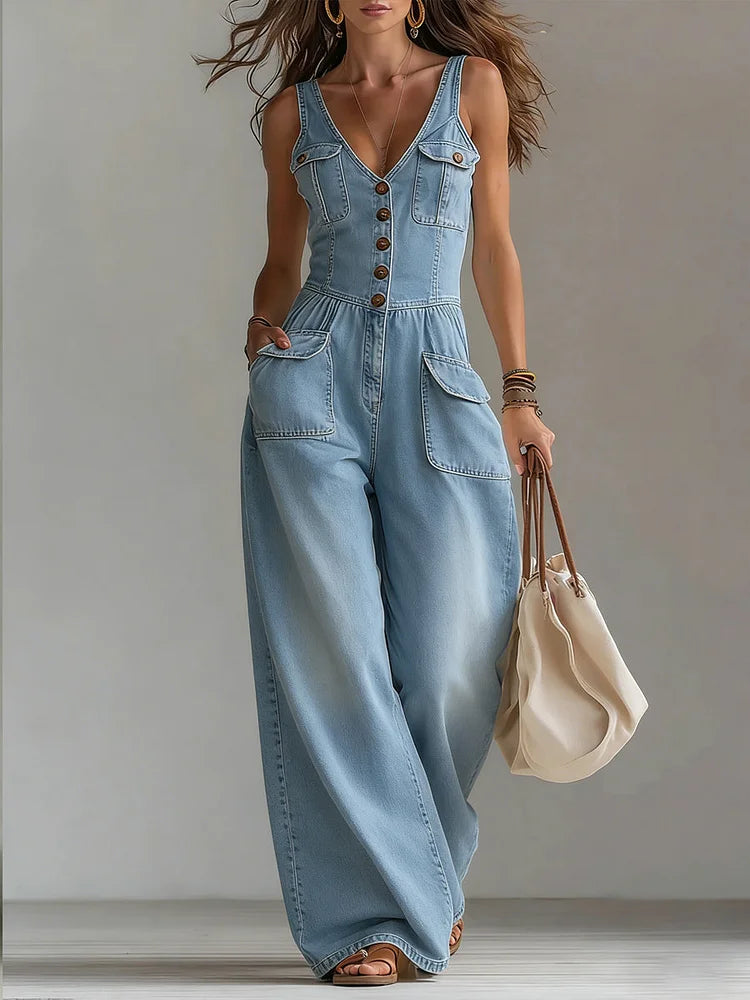 Freya - casual denim wide overalls — view 3