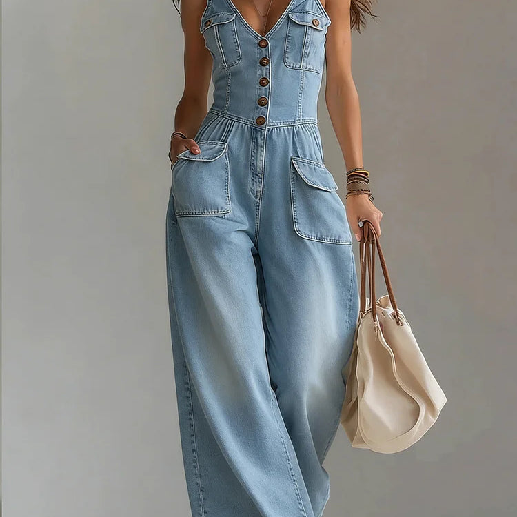 Freya - casual denim wide overalls — view 3