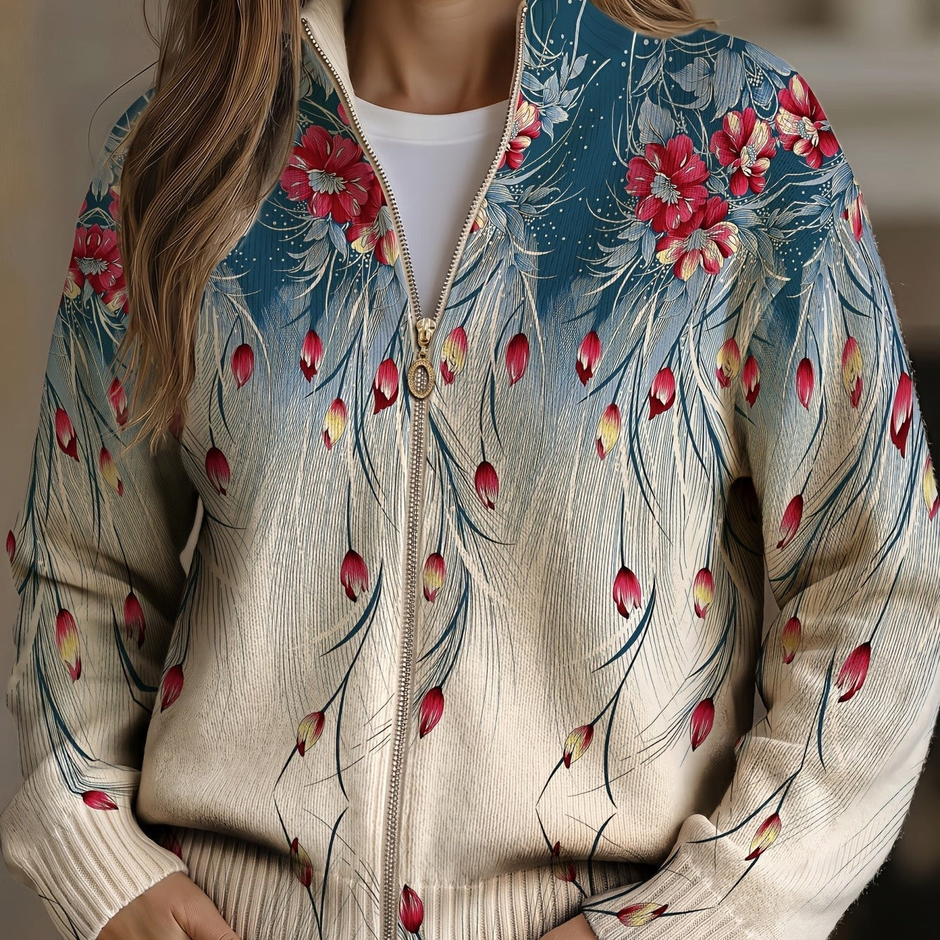 Gabrielle - gradient cardigan with floral and peacock feather print — view 1