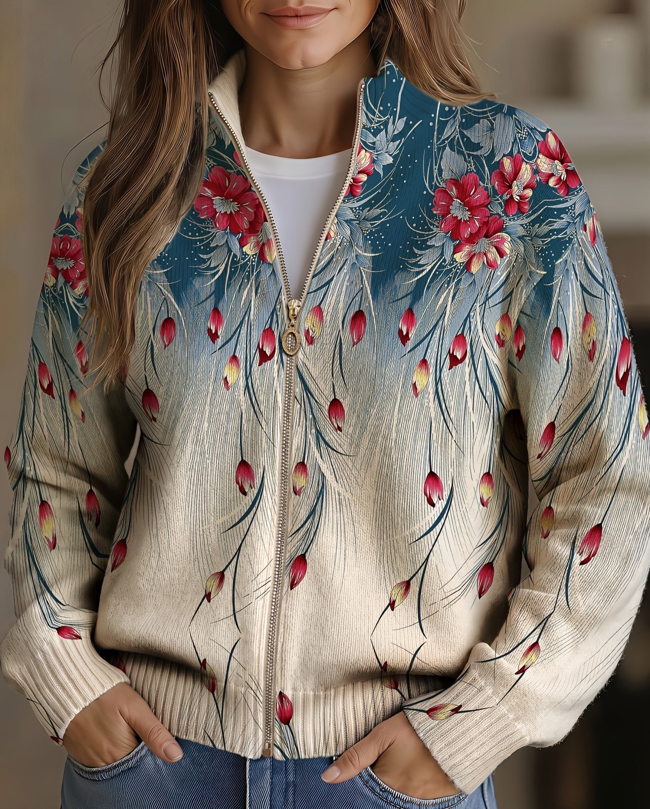 Gabrielle - gradient cardigan with floral and peacock feather print — view 1