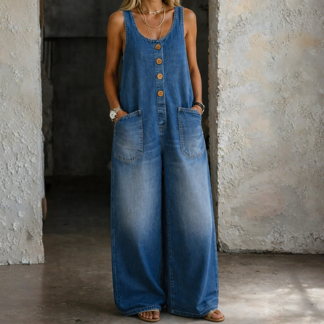 Genevieve - Retro Washed Cotton Denim Overalls — view 1