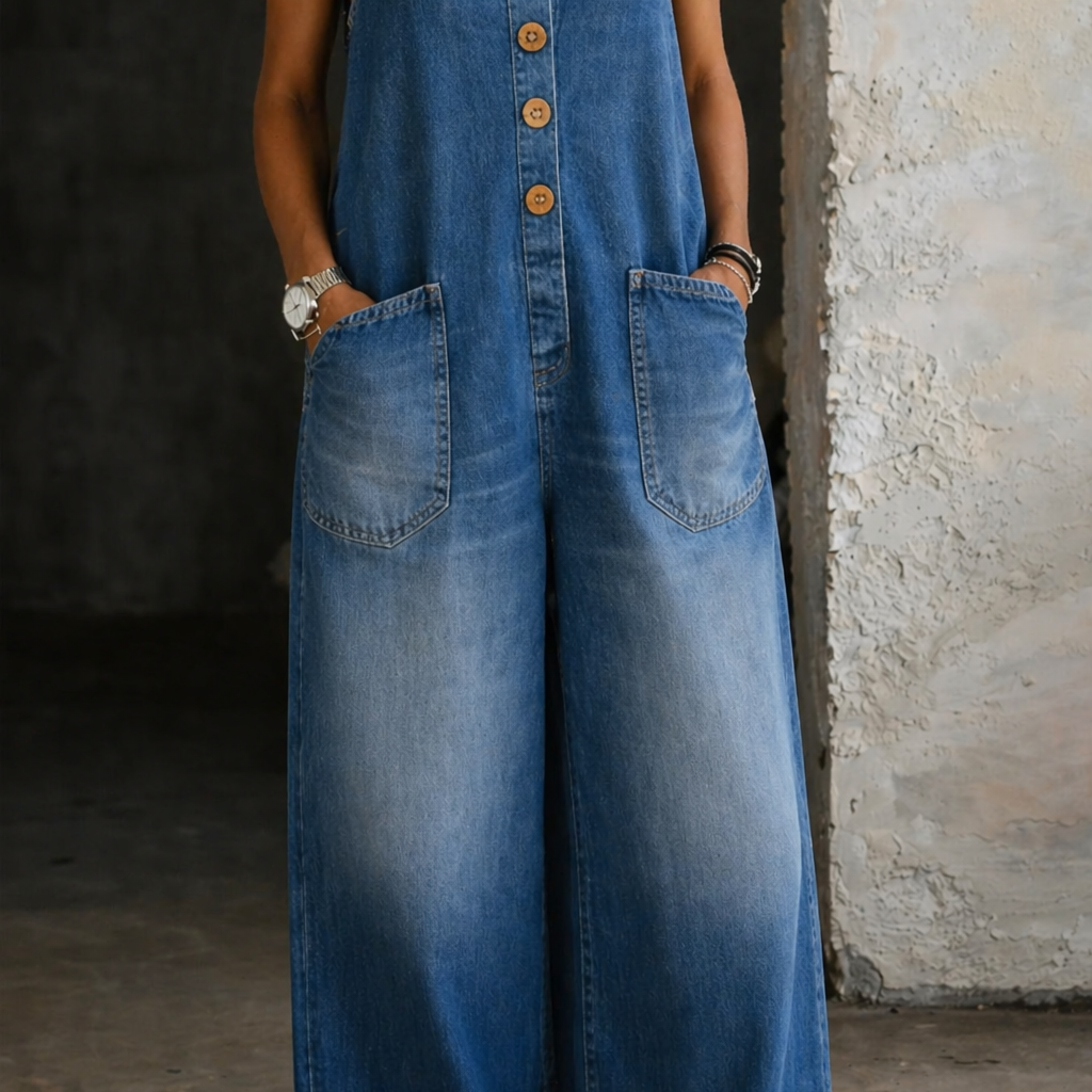 Genevieve - Retro Washed Cotton Denim Overalls — view 2
