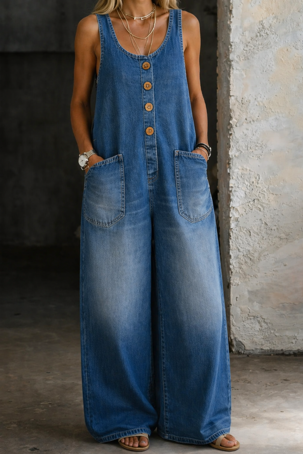 Genevieve - Retro Washed Cotton Denim Overalls — view 2