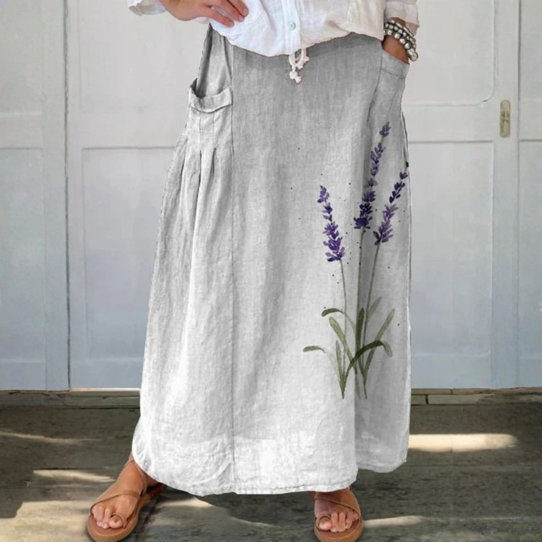 Elastic waist canvas skirt with watercolor lavender pattern — view 1
