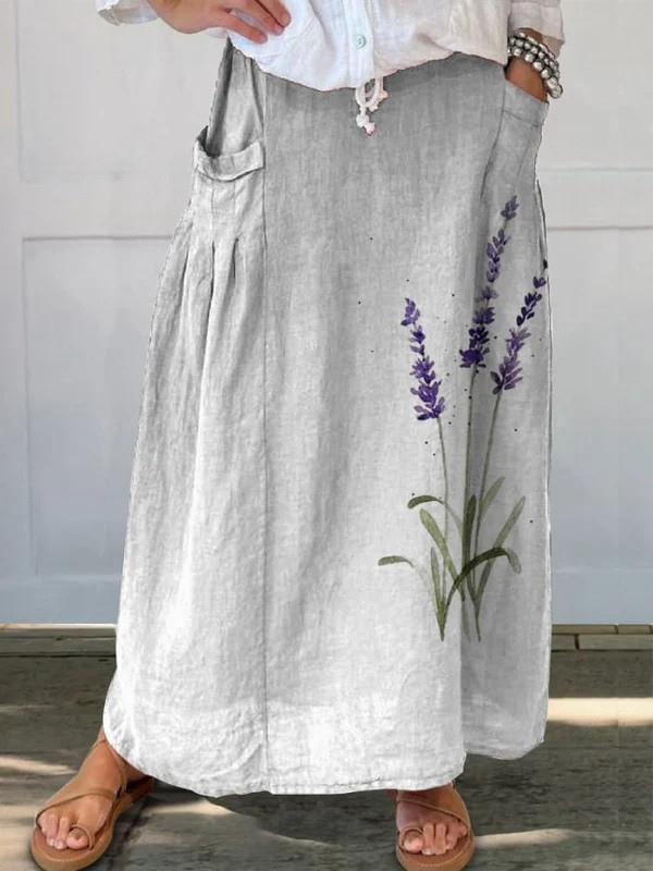 Elastic waist canvas skirt with watercolor lavender pattern — view 2