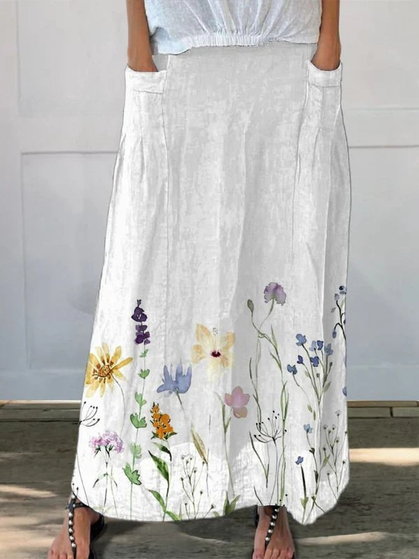 Elastic waist canvas skirt with a spring meadow pattern — view 2