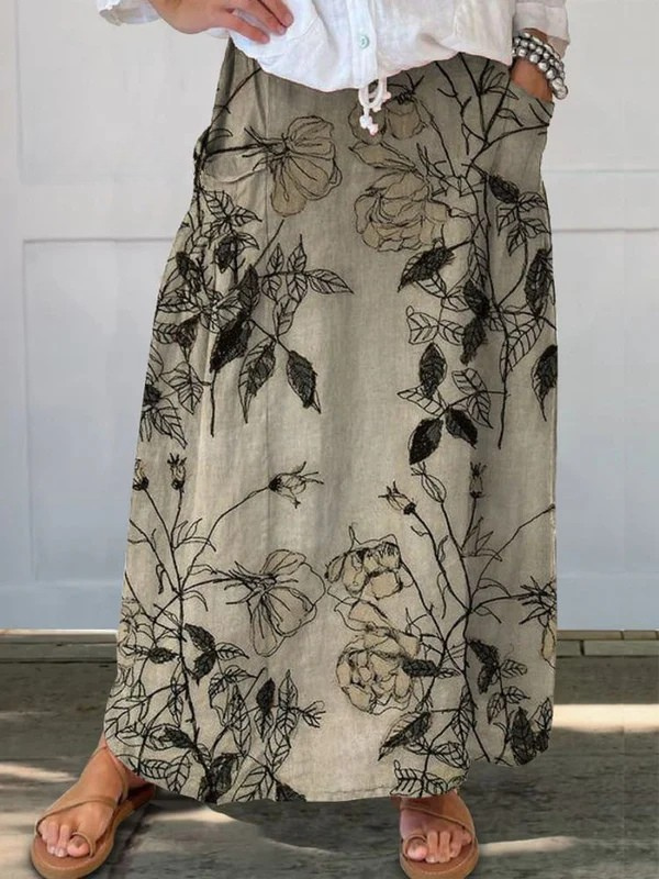 Elasticated waist canvas skirt with pockets, retro flower pattern — view 2