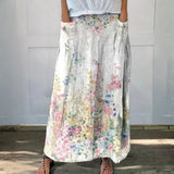 Elasticated waist canvas skirt with pockets, retro flower pattern — view 1