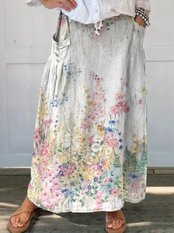 Elasticated waist canvas skirt with pockets, retro flower pattern — view 2