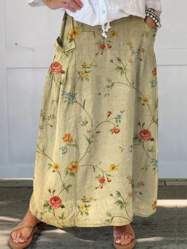 Elasticated waist canvas skirt with pockets, retro flower pattern — view 3