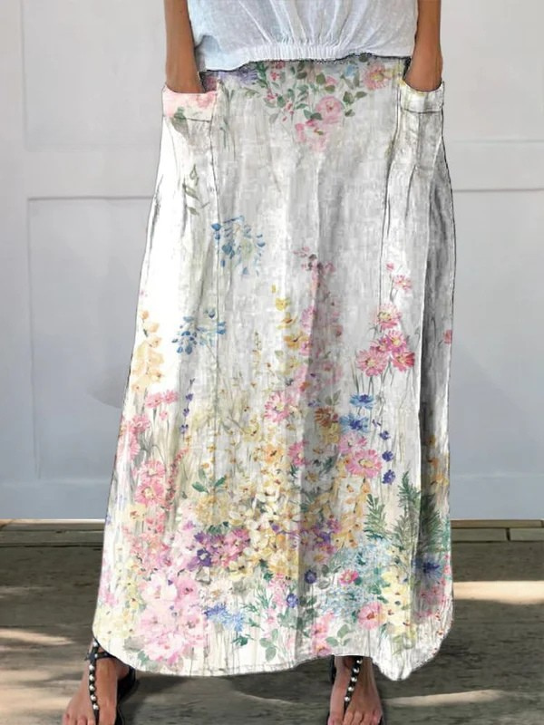 Elasticated waist canvas skirt with pockets, retro flower pattern — view 5