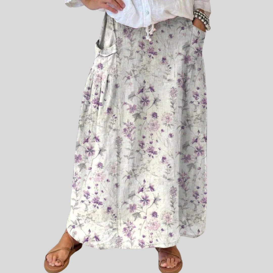 Elasticated waist canvas skirt with pockets, retro flower pattern — view 1